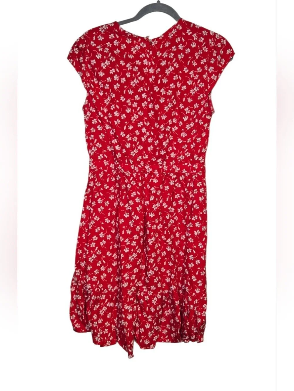 J. Crew Red Floral Faux Wrap Mini Dress V Neck Ruffle Hem Preppy Romantic